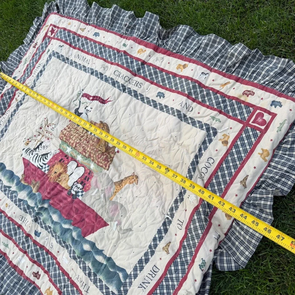 Noah's Ark Quilted Baby Blanket Ruffle Plaid Animal Crackers Nursery Blue Red